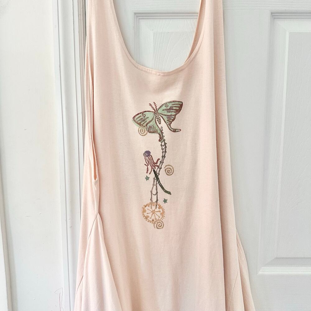 Blue Fish Beige Hand Painted Cotton Long Tank Swing Lagenlook Dress OS Butterfly - Picture 6 of 9